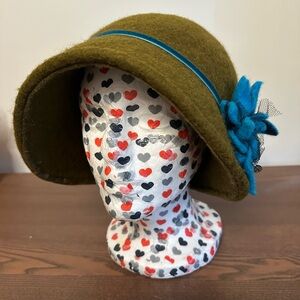 Elegant Olive Green Women's Hat with Blue Flower Accent